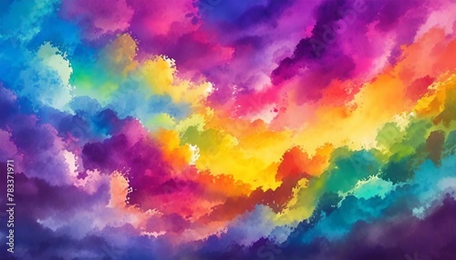 colorful watercolor background of abstract sunset sky with puffy clouds in bright rainbow colors of pink green blue yellow and purple