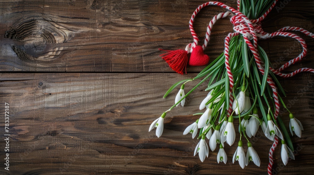 A bouquet of snowdrops flowers, red and white rope with tassels, hearts on a wooden background. Postcard for the holiday of March 1, space for text.
