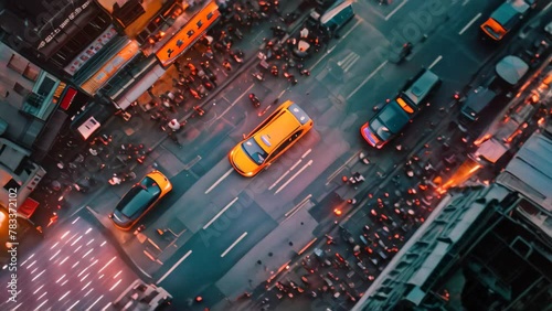 This photo depicts an overhead view of a bustling city street, filled with cars and pedestrians going about their daily activities, An overhead view of an electric taxi in a busy city, AI Generated photo