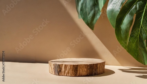 3d background podium display on beige with sun shadow cosmetic beauty product promotion wood pedestal summer nature showcase abstract minimal studio 3d render