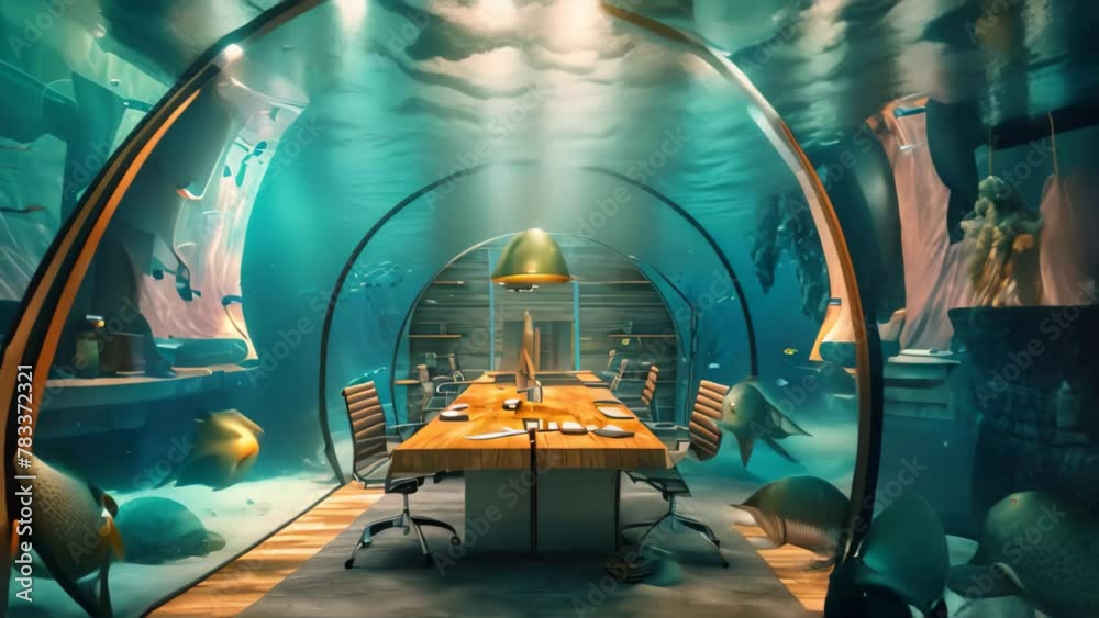 Vidéo Stock An underwater conference room featuring a wooden table and