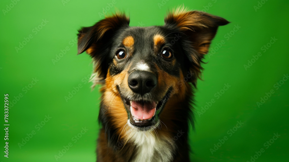 Surreal Smiling Dog Close-Up on Vibrant Green Background