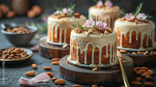   A tight shot of a cake atop a table, garnished with almonds and adjacent edibles