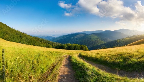 grassy meadow of carpathian mountains in summer beautiful panoramic countryside landscape of ukraine with forested hills in morning light road running in to the valley