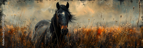 Horse, 
A beautiful horse stands gracefully on a cloudy sky background 

