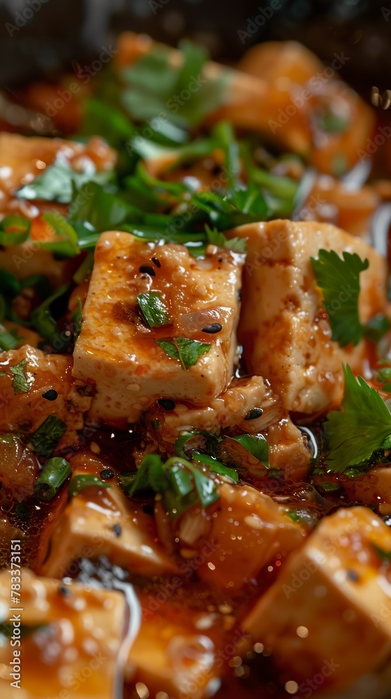 A close-up of silky-textured mabo tofu soaked in a spicy, flavorful sauce, adorned with fresh scallions and red pepper flakes. Restaurant menu mabo tofu. A close-up of silky-textured mabo tofu soaked in a spicy, flavorful sauce, adorned with fresh scallions and red pepper flakes. Restaurant menu mabo tofu.