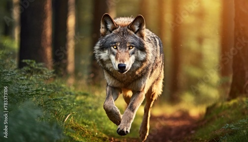 wild gray wolf running in the forest at sunset amazing wildlife generative a