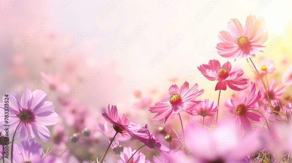 Border of pink cosmos flower in cosmos field in garden with blurry background and soft sunlight for horizontal floral poster. Close up flowers blooming on softness style in spring summer under sunrise