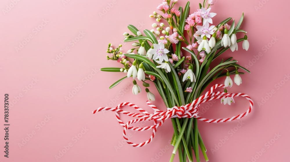 Bouquet of spring flowers snowdrops and mimosa with red and white rope, on a pink background, space for text. Greeting card for congratulations on Women's Day March 8, March 1 Bouquet of spring flowers snowdrops and mimosa with red and white rope, on a pink background, space for text. Greeting card for congratulations on Women's Day March 8, March 1