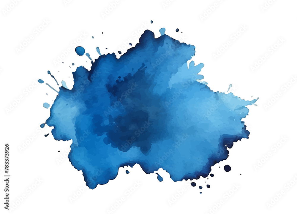 Blue ink watercolor splash paint blob. Blue ink splatter stain abstract vector background.