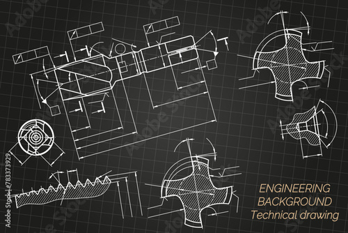 Mechanical engineering drawings on black background. Tap tools, borer. Technical Design. Cover. Blueprint. Vector illustration.