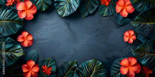 Tropical backdrop with red and yellow hibiscus flowers and exotic palm leaves on dark green background.