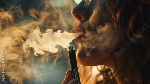 Close up of a woman inhaling from an electronic cigarette photo