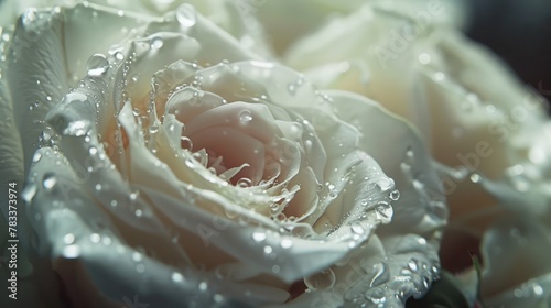 Close up of white roses and water drops.