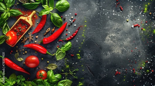 Cooking banner. Background with spices and vegetables. Top view. Free space for your text.