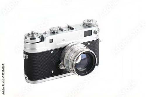The rare old rangefinder film camera with lens on white background.