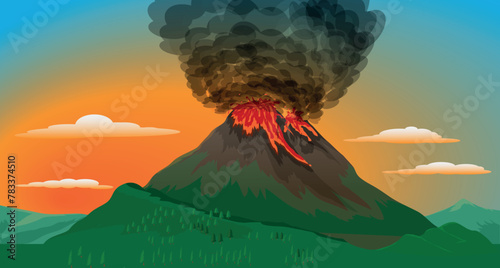 After the eruption of a volcanic mountain, lava flows down the mountain