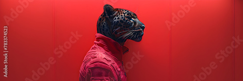 Pastel pink illustrated portrait of a leopard,
Portrait of a black panther in red jacket and sunglasses
