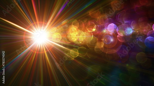 Easy to add lens flare effects for overlay designs or screen blending mode to make high-quality images. Abstract sun burst  digital flare  iridescent glare over black background.