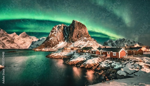 aurora borealis northern lights view on the house in the hamnoy village lofoten islands norway landscape in winter time mountains and water photo
