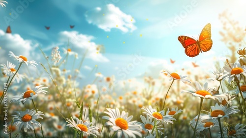Flowers daisies in summer spring meadow on background blue sky with white clouds, flying orange butterfly, wide format. Summer natural idyllic pastoral landscape, copy space. © buraratn