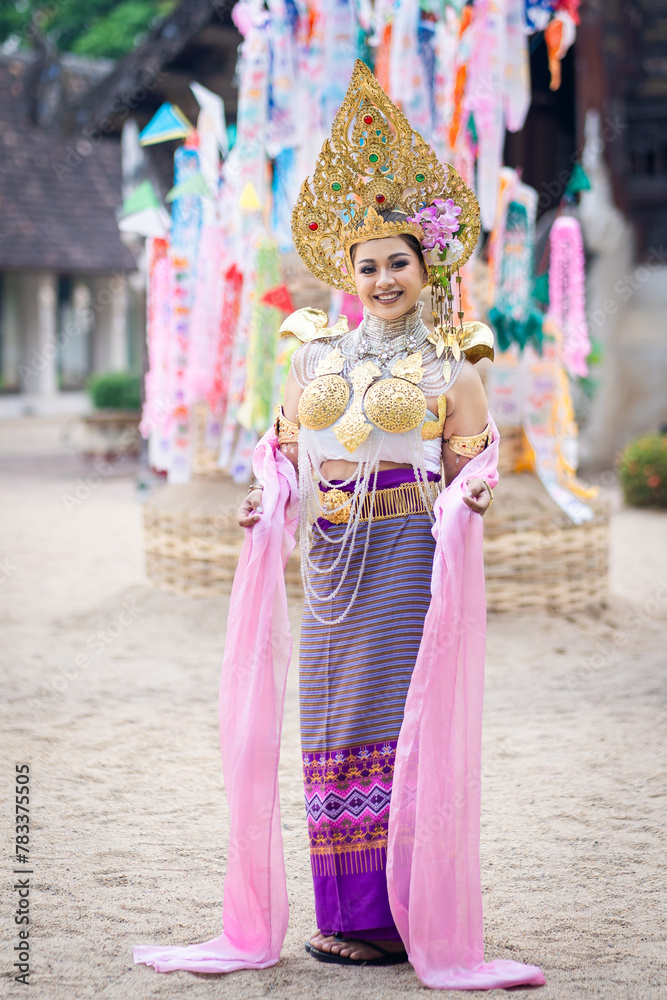 Songkran Festival. Goddess and Angel in Happy of the Water Festival of the Year 2024 in ancient temple Chiang Mai, Thailand. Popular of the summer Thailand holiday.