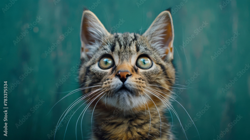 Young Cat Posing on a Solid Green Background
