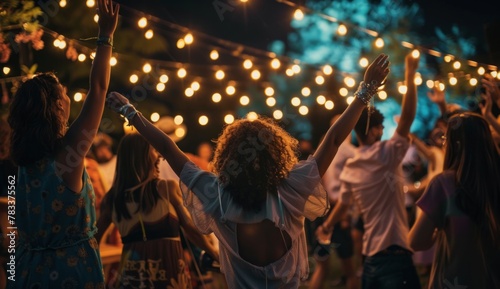 A group of people are dancing and cheering at an outdoor concert, with their arms raised in the air as they enjoy music from live performers Generative AI