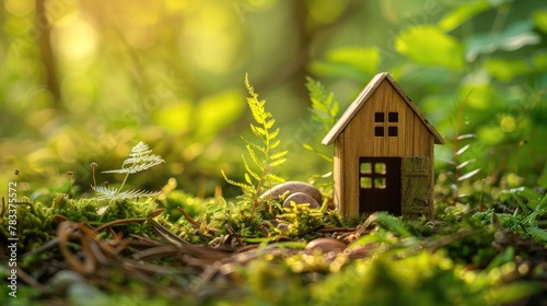 Green and environmentally friendly housing concept. Miniature wooden house in spring grass, moss and ferns on a sunny day. Eco house