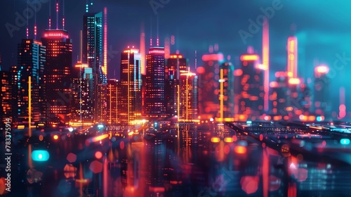 futuristic neon cityscape with glowing lights and reflections cyberpunk digital illustration