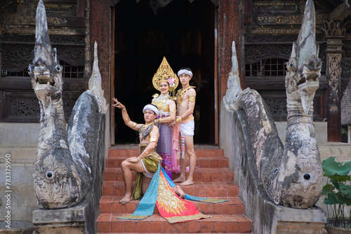 Songkran Festival. Goddess and Angel in Happy of the Water Festival of the Year 2024 in ancient temple Chiang Mai, Thailand. Popular of the summer Thailand holiday.