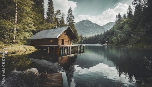 wood cabin on the lake log cabin surrounded by trees mountains and water in natural landscapes © Kendrick