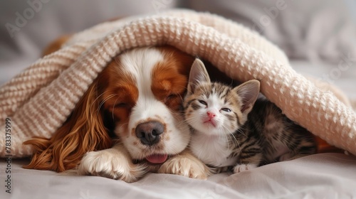 King Charles Spaniel puppy hugging a kitten lying under a blanket smiling from the top of his head. Cute puppy and kitten at home. Yawning puppy with a kitten on the bed