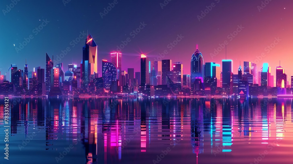 futuristic neonlit metropolis skyline reflecting in tranquil waters vibrant 3d cityscape illustration