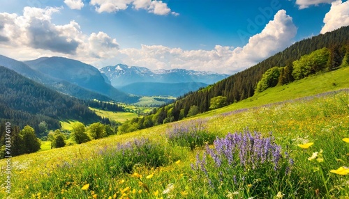 idyllic mountain landscape with fresh green meadows and blooming wildflowers idyllic nature countryside view rural outdoor natural view idyllic banner nature panoramic spring summer scenery