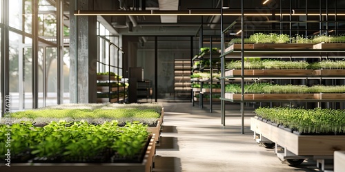 City farm. Germination of seedlings in a greenhouse. Healthy organic food concept. Small business in agriculture. Vertical racks. Local farming
