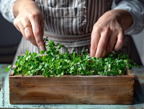Woman cut harvest microgreens. Healthy organic food, growing micro greens at home concept. Edible raw herbs, superfood, vitamin