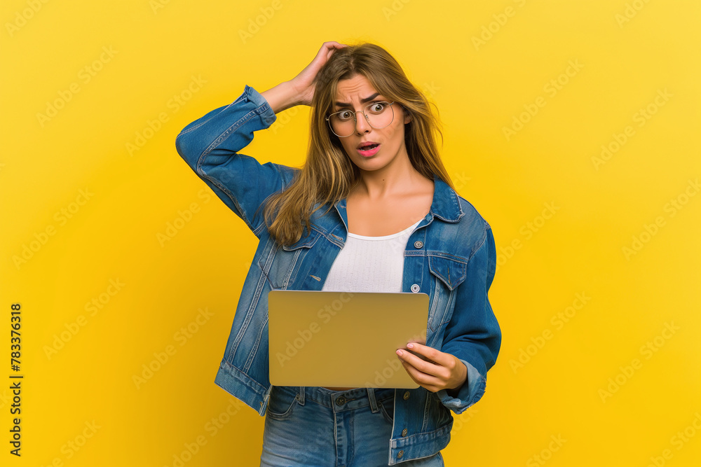 Confused woman in denim outfit holding folder with hand on head against yellow background. Technology and problem-solving concept with copy space. Design for educational content and online learning pr Confused woman in denim outfit holding folder with hand on head against yellow background. Technology and problem-solving concept with copy space. Design for educational content and online learning pr