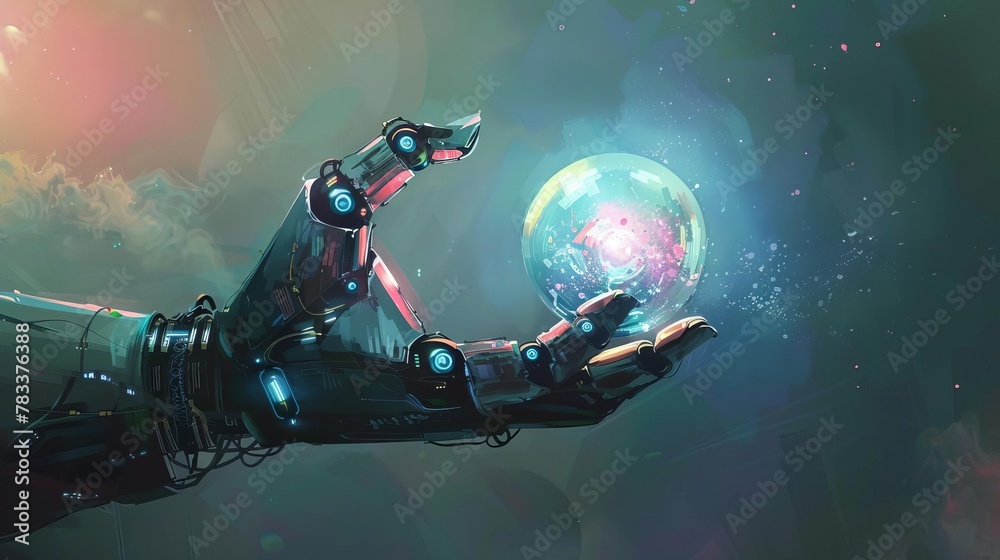 futuristic robotic hand holding a glowing orb artificial intelligence concept art digital painting futuristic robotic hand holding a glowing orb artificial intelligence concept art digital painting