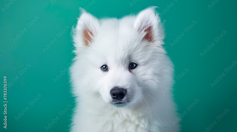 Adorable Samoyed in Vibrant Green Setting
