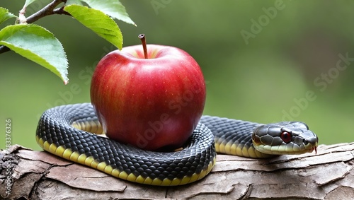 Snake with an apple on tree branch. Forbidden fruit.
