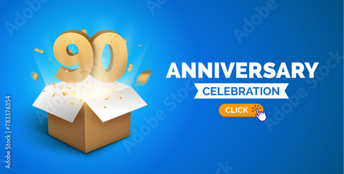 Anniversary birthday 90 years golden background. Happy vector poster 90 anniversary box confetti celebration poster.