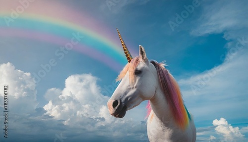 colorful unicorn pastel rainbow and clouds on blue sky background ai generated image