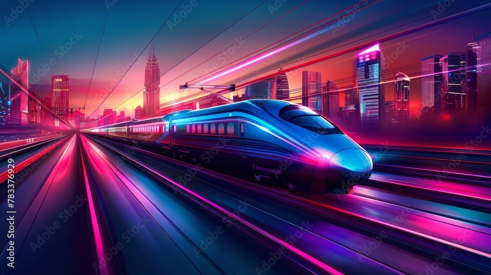futuristic vector illustration of a sleek highspeed train traversing a vibrant neonlit cityscape in a utopian ecofriendly world