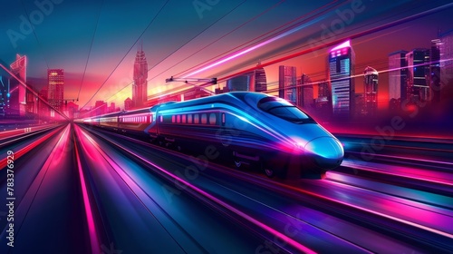 futuristic vector illustration of a sleek highspeed train traversing a vibrant neonlit cityscape in a utopian ecofriendly world © Bijac