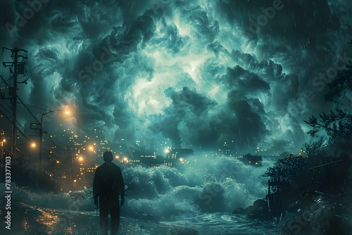 Epic Tsunami's Fury Overwhelms City at Night. Concept Natural disasters, City destruction, Tsunami aftermath, Rescue operations, Emergency response