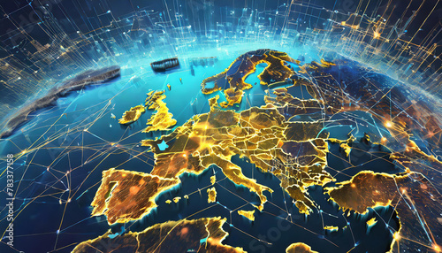 Digital map of Western Europe, concept of European Union network and connectivity, data transfer and cyber technology, business and information exchange and telecommunication