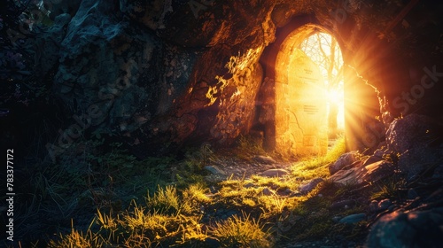 Resurrection of Jesus Christ. Religious Easter background, with strong light rays shining through the entrance into the empty stone tomb. Artistic strong vignette, contrast, dramatic dark-light edit