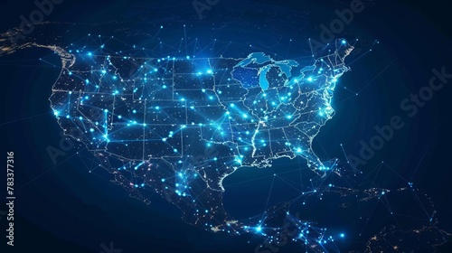 global network connectivity map of america with glowing data points abstract digital illustration