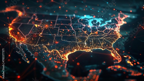 global network of data transmission across usa map digital connectivity concept with glowing lines and dots 3d illustration